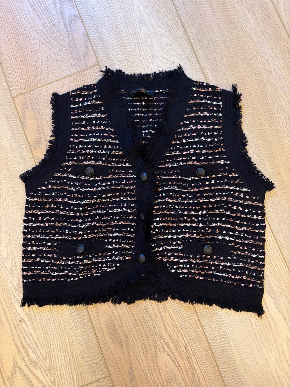 Laundry By Shelli Segal Black Tweed Fringe Vest with Pink & White Accents